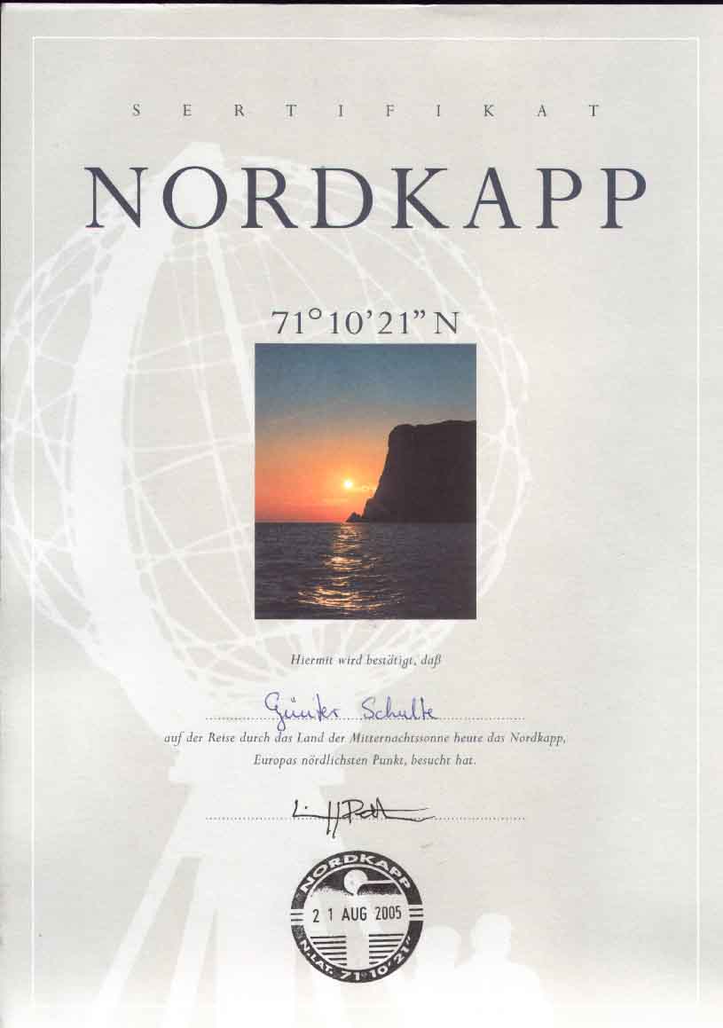 g�nter Urkunde vom Nordkapp