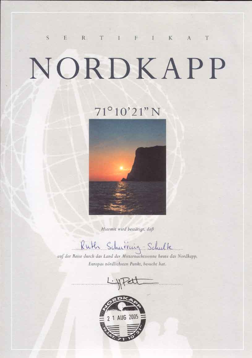 ruth Urkunde vom Nordkapp